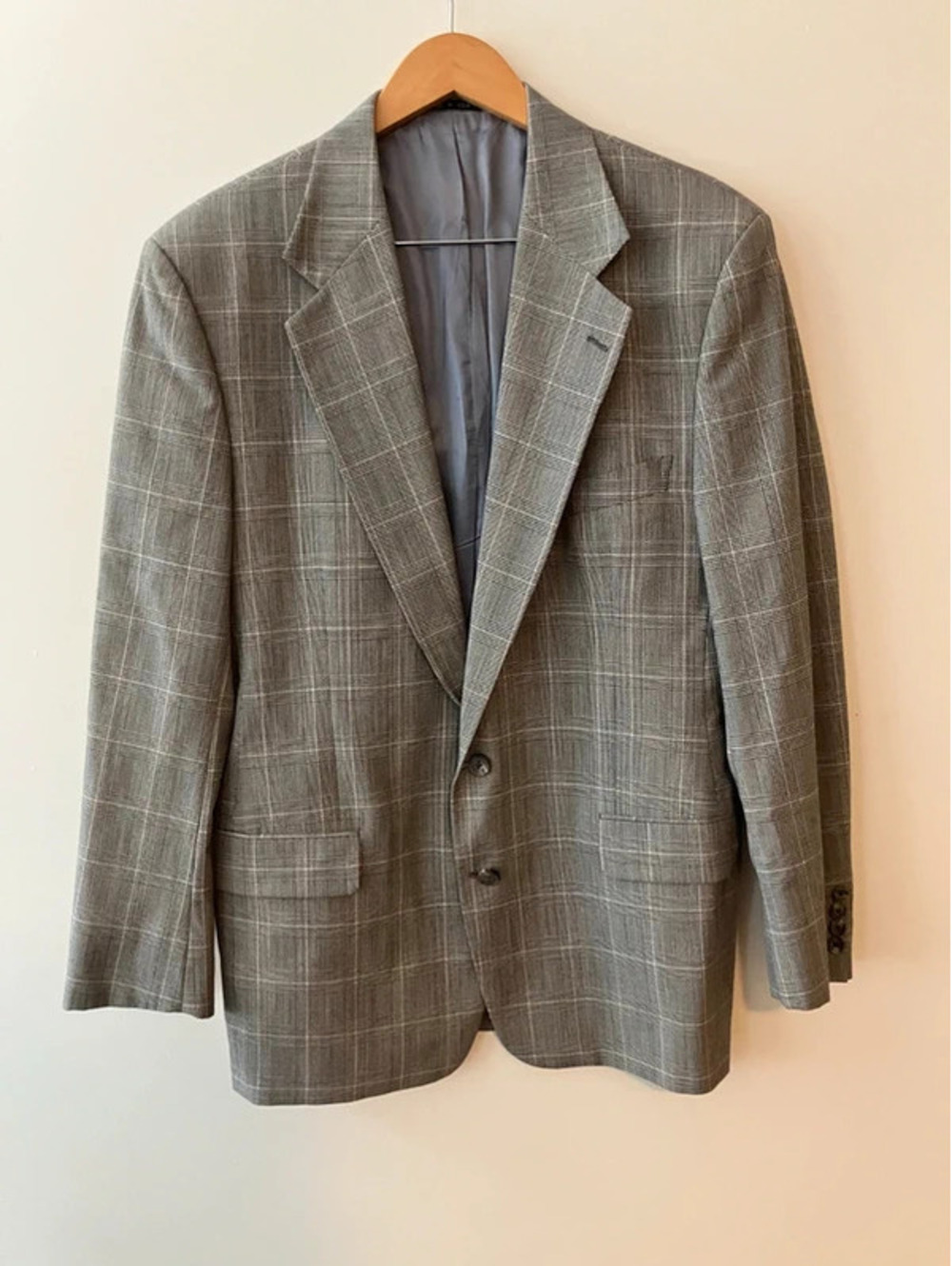 Joseph Abboud Mens 42L Glen Plaid Sport Coat Grey Black Wool Blazer Made USA
